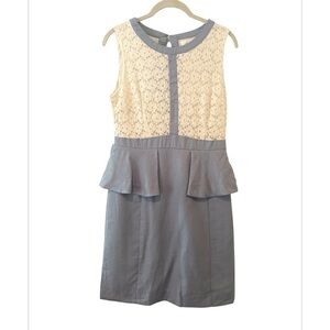 Esley Beautiful Ivory & Blue Lace Pleated Career Coastal Cottagecore Dress M